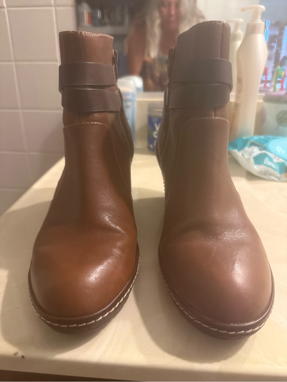 Sofft Cognac Brown Leather Ankle Booties with Wrap Strap